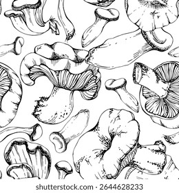 Russula webcap oyster hiratake mushroom. Nature seamless pattern hand drawn in vector ink. Vegan cooking edible raw ingredient. Scrapbooking decoupage stationery, wild food market wrapping, packaging