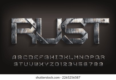 Rust alphabet font. Messy metal letters and numbers with bullet marks. Stock vector typescript for your design.