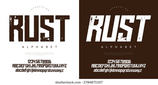 Rust alphabet textured bold display font vector set for rugged adventure and vintage apparel design