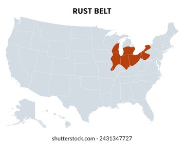 Rust Belt of the United States, political map. Region in the Northeastern and Midwestern United States, experiencing industrial and economic decline, population loss and urban decay since the 1950s.