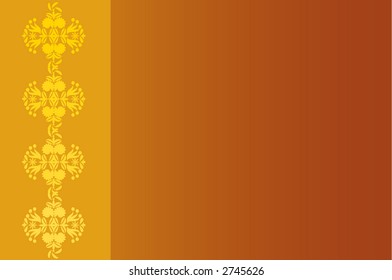 Rust colored background with ornamental gold design elements.
