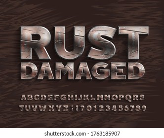 Rust Damaged Alphabet Font. Bold Metal Letters And Numbers. Stock Vector Typescript For Your Design.