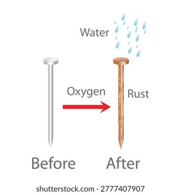 Rust Formation Process on Iron Nail with Oxygen and Water Science Illustration.