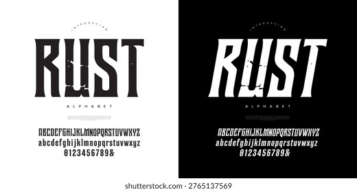 Rust industrial display font with tall condensed slab serif style for bold vintage machinery branding