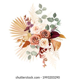 Rust Orange, Beige, White Rose, Burgundy Anthurium Flower, Eucalyptus, Pampas Grass, Fern, Dried Tropical Palm Leaves, Sage Greenery Vector Design Wedding Bouquet. Elements Are Isolated And Editable