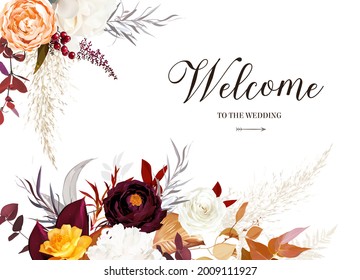 Rust orange, beige, white rose, burgundy anthurium flower, dahlia, pampas grass, fern, dried tropical palm leaves, dried plants fall vector design invitation card. Elements are isolated and editable