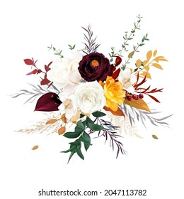 Rust orange, beige, white rose, burgundy anthurium flower, dahlia, pampas grass, magnolia, berry, fern, dried plants fall vector design bouquet. Wedding flowers. Elements are isolated and editable