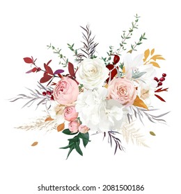 Rust orange, beige, white rose flower, burgundy leaves, hydrangea, pampas grass, magnolia, berry, fern, dried plants fall vector design bouquet. Wedding flowers. Elements are isolated and editable