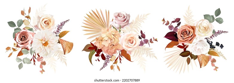 Rust orange, beige, white rose, burgundy anthurium flower, pampas grass, fern, dried palm leaves vector design bouquets.Trendy flowers. Gold, brown, rust, taupe. Elements are isolated and editable Stock Vector