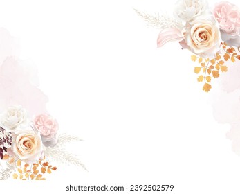 Rust orange, beige, white rose, anthurium flower, peony, pampas grass, golden fern, pastel dried leaves vector design invitation card. Watercolor textured bouquets. Elements are isolated and editable