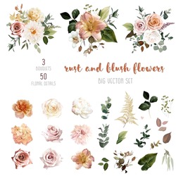 Rust Orange And Blush Pink Antique Rose, Beige And Pale Flowers, Creamy Dahlia, Peony, Ranunculus, Lily, Fall Leaves Big Vector Collection. Floral Pastel Watercolor Bouquets. Isolated And Editable