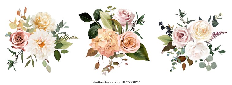 Rust orange and blush pink antique rose, beige and pale flowers, creamy dahlia, peony, ranunculus, lily, fall leaves wedding vector bouquets. Floral pastel watercolor arrangement.Isolated and editable