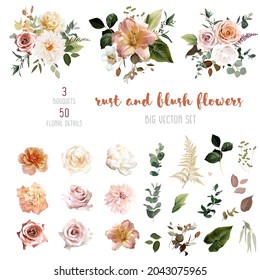 Rust orange and blush pink antique rose, beige and pale flowers, creamy dahlia, peony, ranunculus, lily, fall leaves big vector collection. Floral pastel watercolor bouquets. Isolated and editable
