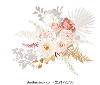 Rust orange and blush pink antique rose, beige and pale flowers, creamy peony, ranunculus, dahlia, pampas grass, fall leaves wedding vector bouquet. Floral watercolor arrangement.Isolated and editable
