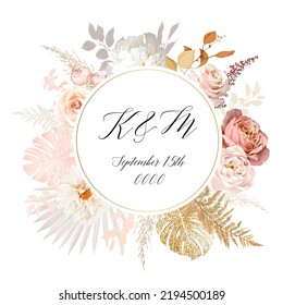 Rust orange and blush pink antique rose, beige and pale flowers, creamy peony, ranunculus, dahlia, pampas grass, fall leaves wedding vector frame. Floral watercolor arrangement.Isolated and editable