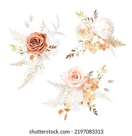 Rust orange and blush pink antique rose, beige and pale flowers, creamy magnolia, peony, ranunculus, hydrangea, fall leaves wedding vector bouquets. Floral watercolor arrangement.Isolated and editable