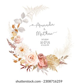 Rust orange and blush pink antique rose, beige and pale flowers, creamy dahlia, pampas grass, glitter monstera fall leaves wedding vector frame. Floral watercolor arrangement.Isolated and editable