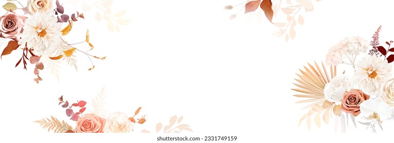 Rust naranja y rosa rosa rosa rosa rosa rosa rosa, flores beige y pálido, ranunculus, orquídea, dahlia, pasto seco de pampas, hojas de otoño banner vector de boda. Disposición de acuarela floral. Aislado y editable