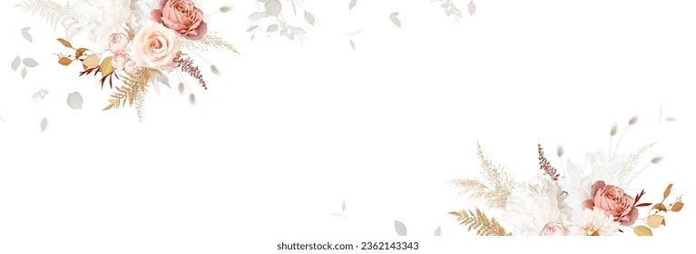 Rust orange and blush pink antique rose, beige and pale flowers, creamy peony, ranunculus, dahlia, pampas grass, fall leaves wedding vector banner. Floral watercolor arrangement. Isolated and editable