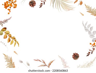 Plantas de naranja rojizo y secas, pinos marrones, hojas de palma, pampas, moras anaranjadas, lagarus, helechos beige marco vectorial de boda. Disposición de acuarela floral. Todos los elementos se encuentran en un entorno aislado y se pueden editar