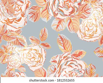 Rust Orange and Yellow Botanic Rose Flower Swimwear Print. Girly Hawaiian Peony Background. Rose Seamless Pattern. Continuous Floral Design.Summer Peonies Leaves and Buds Sleepwear Texture.
