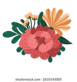Rust red peony with orange and blush blooms. Vector bouquet of stylized flowers and green leaves. Botanical arrangement in flat cartoon style. Ideal for floral branding and design