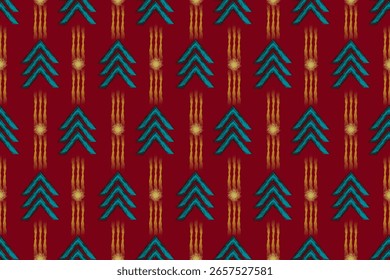 Rust red tribal textile with teal arrow motifs and golden sun symbols, ideal for Native American patterns, rustic decor, or clothing.