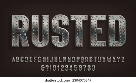 Rusted alphabet font. Damaged metal letters and numbers with rivets. Stock vector typescript for your design.