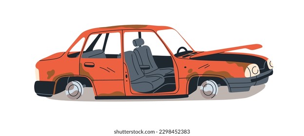 Desgastada basura de auto rota. Los daños abandonados arruinaron el auto arruinado. Desechos oxidados de autos, basura. Vehículo anticuado de avanzada edad, transporte. Ilustración vectorial plana aislada en fondo blanco