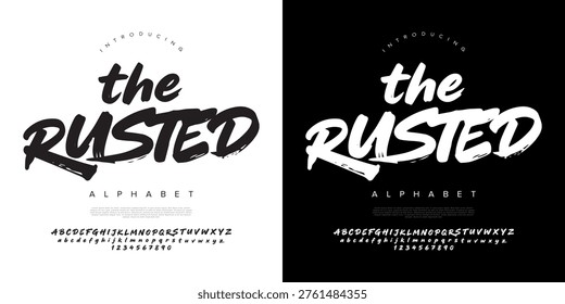 The Rusted display brush font with textured hand drawn alphabet and numbers for urban street style design