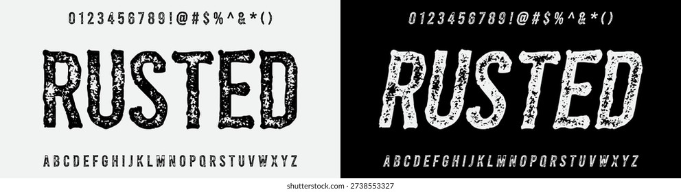 Rusted font corroded metal texture display typeface for vintage industrial labels and rustic badge design