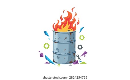 Rusted oil drum burning with flames surrounded by mechanic tools and gears in industrial disaster concept.