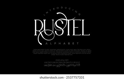 Rustel typography beauty fashion elegant minimalist serif italic fonts decorative wedding vintage retro logos. Minimal luxury font alphabet logo. Vector illustration