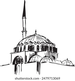 Rustem Pasha Mosque in Turkey ink sketch. Ottoman mosque. Religion tourist attraction black and white vector drawing. Simple sketchy style. Turkish famous landmarks line illustration. 