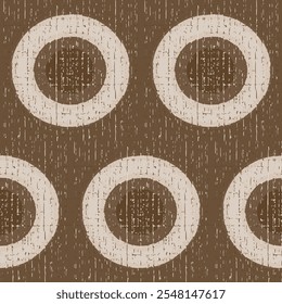 Rustic abstract wood slice seamless vector pattern background. Brown ecru target rings craquelure textured backdrop. Wood textured geometric repeat for cabincore products, men fashion
