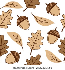 Rustic acorns and leaves seamless tile pattern with warm autumn colors and textures concept as Warm colored acorns and autumn leaves create a rustic seamless tile pattern with cozy textures for fall in Photo Stock Concept and empty space on the left side,no text --ar 7:2 --tile