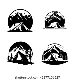 Rustic and adventurous Hand drawn collection set of camping logo silhouettes, perfect for nature lovers and outdoor enthusiasts