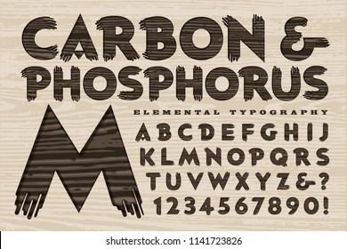 A rustic alphabet with a carved wood effect, similar to lettering used on wooden ranch or summer camp signage