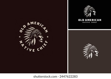 Rustic American Native Old Man wearing headdress, Vintage Indian Tribe Chief Silhouette Illustration Badge Label logo design