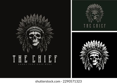 Rustic American Native Skull wearing headdress, Vintage Indian Tribe Chief Silhouette Illustration Badge Label logo design