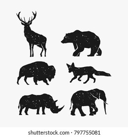 Rustic animal bundle vector, bear elk bison fox rhino elephant vector, Hipster logo design element