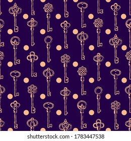 Rustic antique keys in purple and pink pattern. Vector seamless pattern design for textile, fashion, paper and wrapping. 