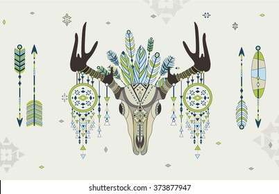 Rustic Antlers. Set silhouettes antler designs. Tribal style.Arrows, dream catchers,  Navajo american isolated elements. Aztec logos and badges.,  indian illustration. 