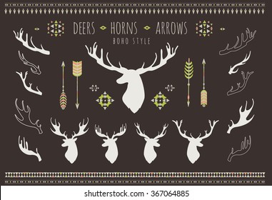 Rustic Antlers. silhouettes antler designs. Tribal style. Set of arrows, dream catchers,  Navajo american isolated elements. Logos and badges, indian, aztec illustration. 