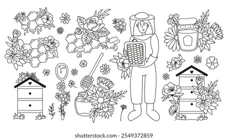 Colección colmenar rústica con niña apicultora, panales, colmena, cuchara, tarro de vidrio y arreglo de flores. Ilustraciones de doodle dibujadas a mano. 