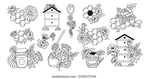 Panales rústicos de colección colmenar, colmena, tarro de vidrio y arreglo de flores. Dibujado a mano doodle bouquet ilustraciones botánicas. 