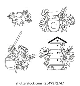 Panales rústicos de colección colmenar, colmena, tarro de vidrio y arreglo de flores. Dibujado a mano doodle bouquet ilustraciones botánicas. 