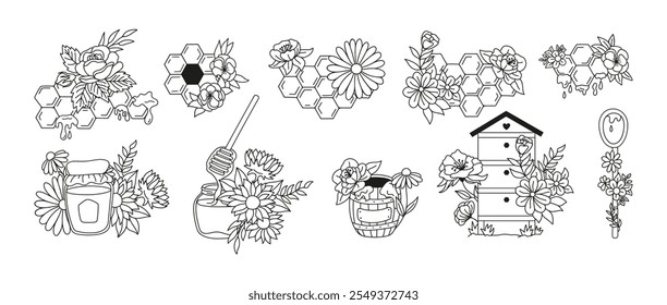 Conjunto colmenar rústico de panales, colmena, tarro de vidrio, barril de madera y arreglo de flores. Dibujado a mano doodle bouquet ilustraciones botánicas. 