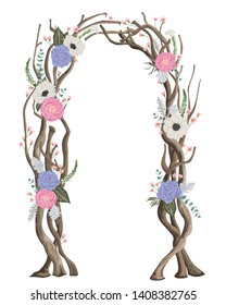 Rustic arch with tree branches, flowers, leaves. Vintage design template for invitation, card, poster. Vector illustration in watercolor style