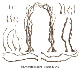 Rustic arch with tree branches and isolated design elements on white background. Vector illustration in watercolor style